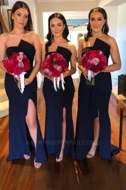 Ruched Sash Court Train Long Irregular Collar Bridesmaid Dress | Dark Navy Long Prom Dresses