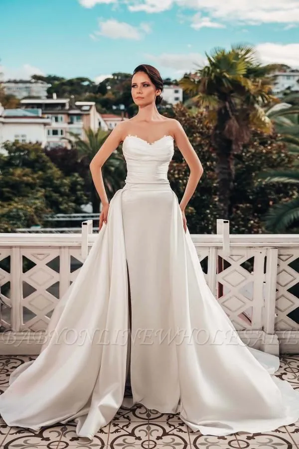 Sweetheart Strapless Ruched Satin Long Mermaid Bridal Gown Side Split With Sweep Train