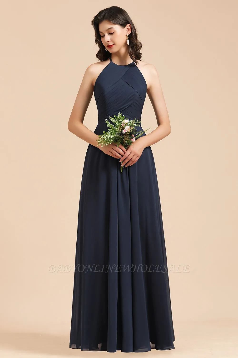 Halter Chiffon Long Evening Maxi Dress Sleeveless Pleated Wedding Guest Dress - Image 2