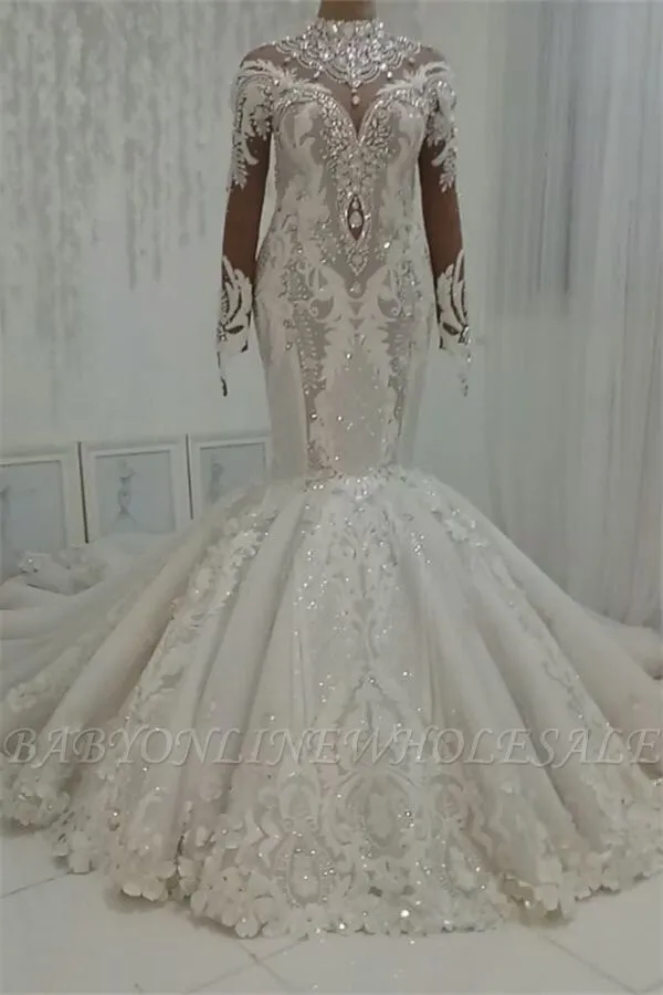 Luxury Sparkle Beaded High Neck Fit And Flare Mermaid Wedding Dress
